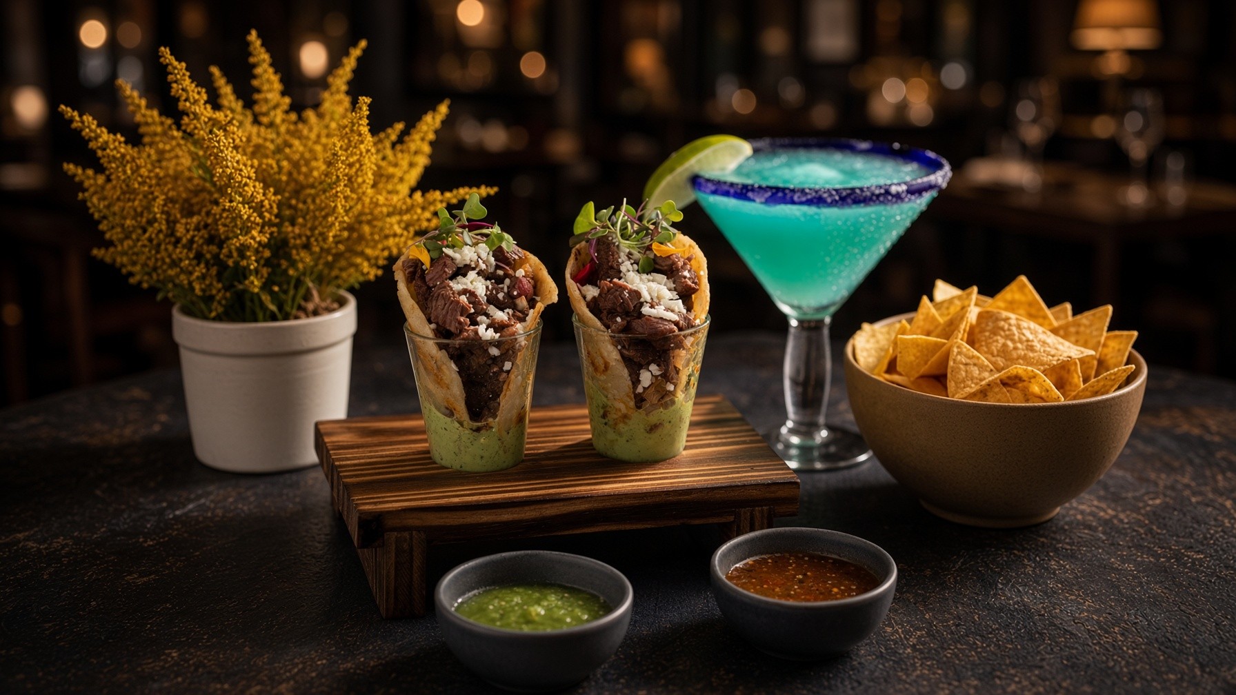 Street tacos in glasses with guacamole at La Fiesta